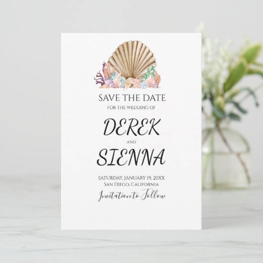 Coral & Seashell Beach Wedding Save The Date (Stehend Vorderseite)