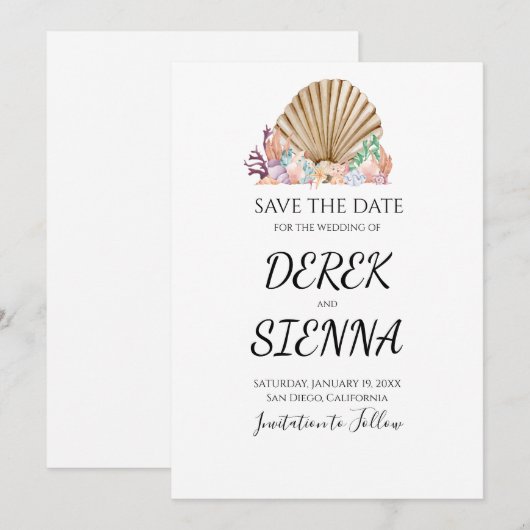 Coral & Seashell Beach Wedding Save The Date (Vorne/Hinten)