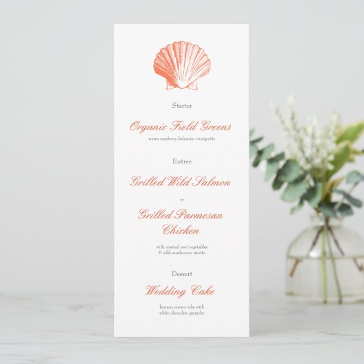 Coral Seashell Wedding Reception Dinner Menu Einladung (Stehend Vorderseite)
