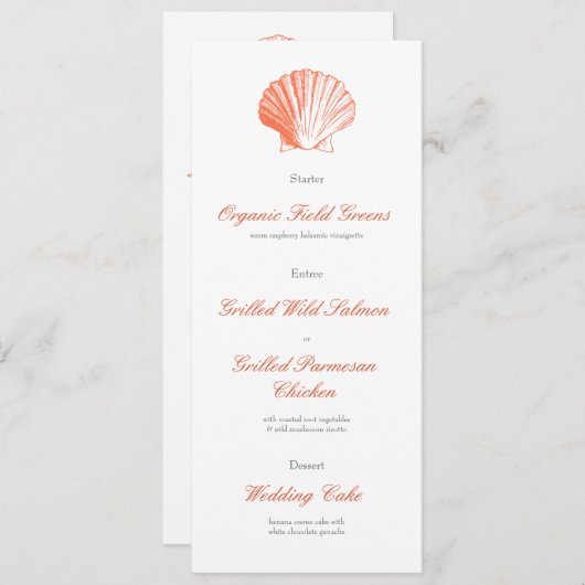 Coral Seashell Wedding Reception Dinner Menu Einladung (Vorne/Hinten)