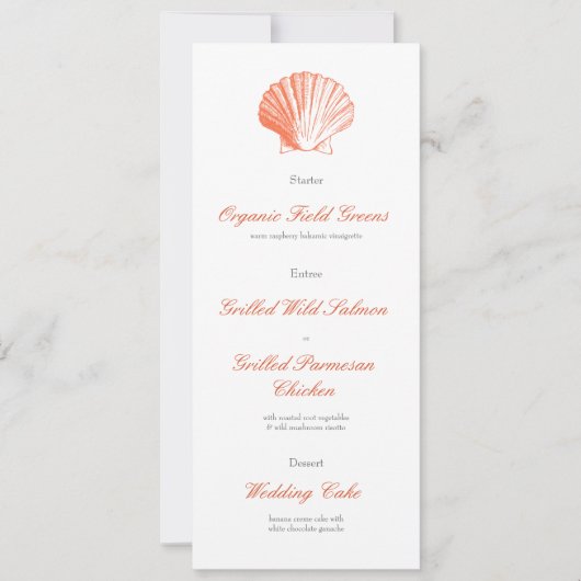 Coral Seashell Wedding Reception Dinner Menu Einladung (Vorderseite)