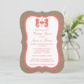 Coral Seepferd am Burlap Beach Wedding Dusche Einladung (Stehend Vorderseite)