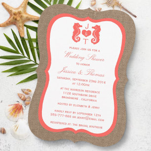 Coral Seepferd am Burlap Beach Wedding Dusche Einladung