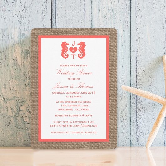 Coral Seepferd am Burlap Beach Wedding Dusche Einladung