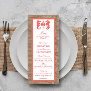 Coral Seepferd Burlap Beach Wedding Menu Werbekarte