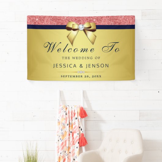 Coral Sequins Navy Gold Diamonds Bow Wedding Banner (Insitu)