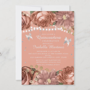 Coral Silver Butterflies Quinceañera Einladung
