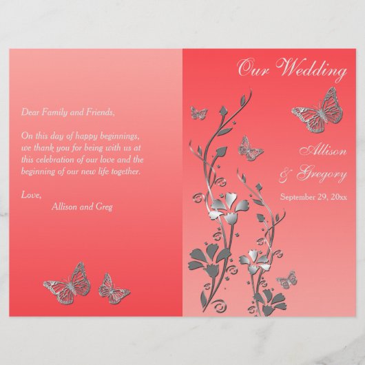 Coral Silver Butterfly Floral Wedding Program 2 (Vorderseite)