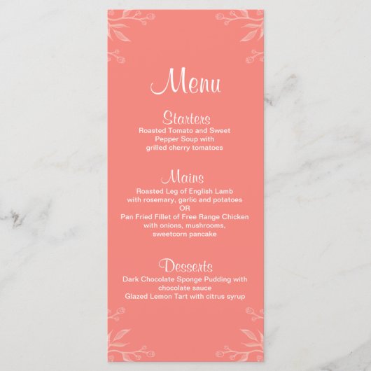Coral Simple Elegant Floral Wedding Menu Menükarte (Vorderseite)