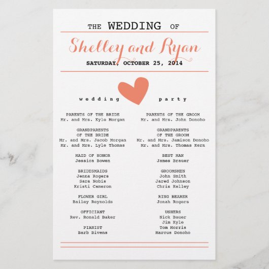 Coral Simple Heart Wedding Program (Vorderseite)
