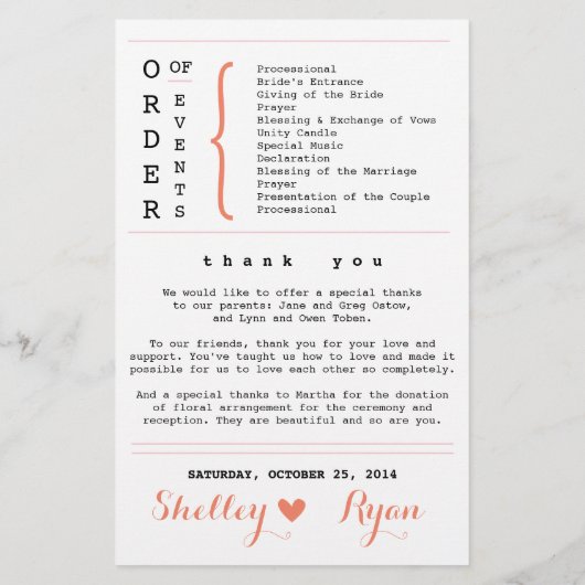 Coral Simple Heart Wedding Program (Rückseite)