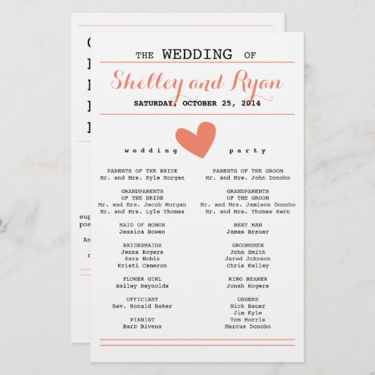Coral Simple Heart Wedding Program (Vorne/Hinten)