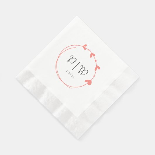 Coral Simple Heart Wreath Monogram Wedding Serviette (Ecke)