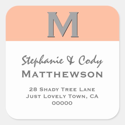 CORAL Simple Monogram Address Label V28 Quadratischer Aufkleber (Vorderseite)