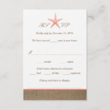 Coral Starfish Burlap Beach Wedding RSVP Cards