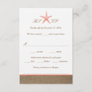 Coral Starfish Burlap Beach Wedding RSVP Cards Karte