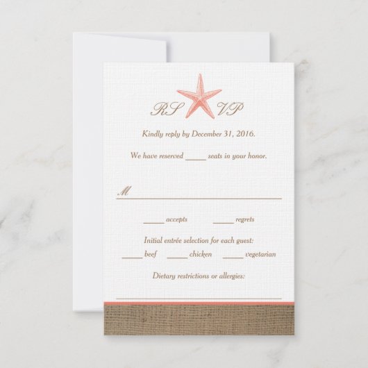 Coral Starfish Burlap Beach Wedding RSVP Cards Karte (Vorderseite)