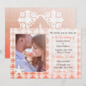 Coral Starfish Damask Beach Foto Wedites Einladung (Vorne/Hinten)