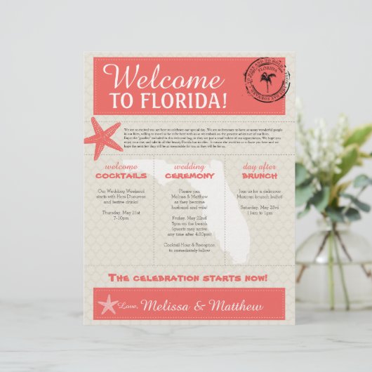 Coral Starfish Florida Wedding Willkommensbrief (Stehend Vorderseite)