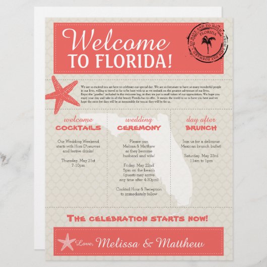 Coral Starfish Florida Wedding Willkommensbrief (Vorne/Hinten)