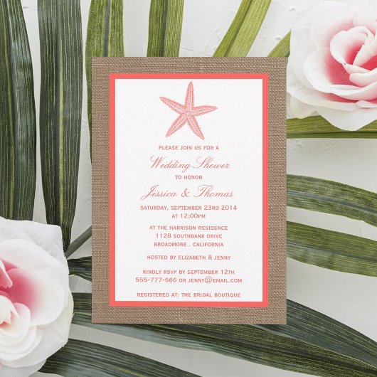 Coral Starfish on Burlap Beach Wedding Dusche Einladung