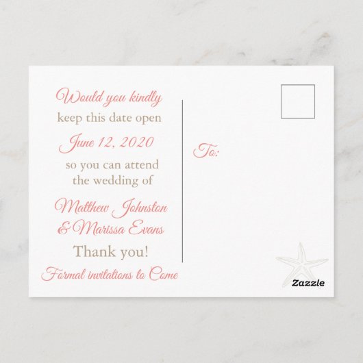 Coral Starfish Personalisiert Save the Date Postka Postkarte (Rückseite)