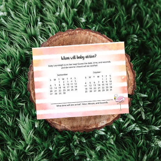 Coral Stripe Flamingo Baby Anreise Vorhersagespiel Begleitkarte