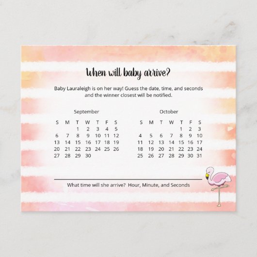 Coral Stripe Flamingo Baby Anreise Vorhersagespiel Begleitkarte (Vorderseite)