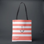 Coral Stripe Nautical Anchor Personalisiert Tote B Tasche<br><div class="desc">Nautischer Anker auf lebendem Korallen und weißem Streifen Hintergrund,  personalisiertes Brautparty Tote Tasche. Personalisieren Sie Text,  Schriftart,  Farbe und Größe. Streifen in lebendigen Korallen können auf Ihre Wahl der Farbe angepasst werden.</div>