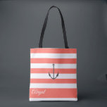 Coral Stripe Nautical Anchor Personalisiert Tote B Tasche<br><div class="desc">Nautischer Anker auf lebendem Korallen und weißem Streifen Hintergrund,  personalisiertes Brautparty Tote Tasche. Personalisieren Sie Text,  Schriftart,  Farbe und Größe. Streifen in lebendigen Korallen können auf Ihre Wahl der Farbe angepasst werden.</div>