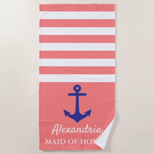 Coral Stripe Nautical Wedding Party Beach Handtuch (Vorderseite)