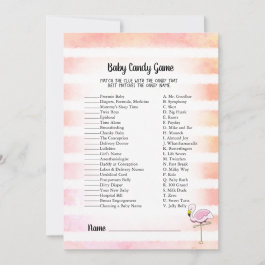 Coral Striped Flamingo Baby Candy Dusche Game Einladung (Vorderseite)