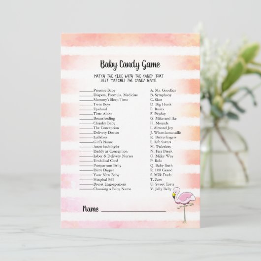 Coral Striped Flamingo Baby Candy Dusche Game Einladung (Stehend Vorderseite)