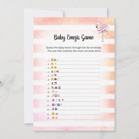 Coral Striped Flamingo Baby Emojis Game Card Einladung (Vorderseite)