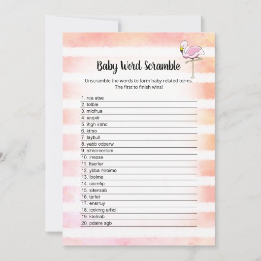 Coral Striped Flamingo Baby Words Duschkarte Einladung (Vorderseite)