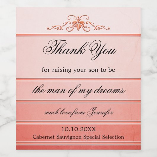 Coral Striped Tone auf Tone Romantische Hochzeit Weinetikett (Einzelnes Label)