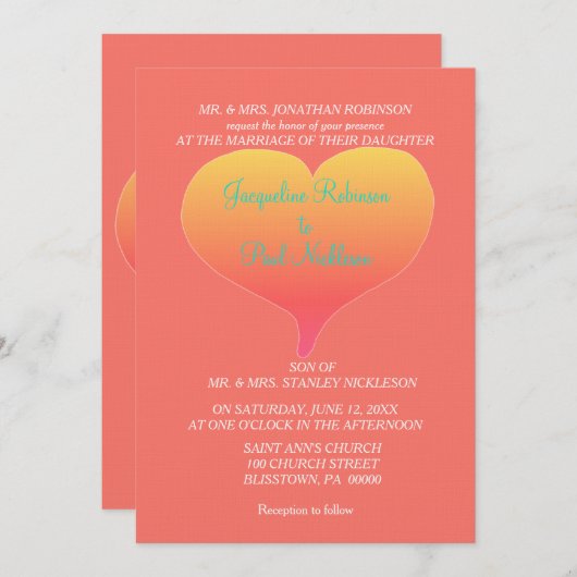 Coral Sunset Hearts Einladung (Vorne/Hinten)