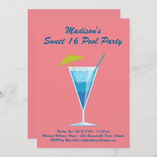 Coral Sweet 16 Pool Party Einladung (Vorne/Hinten)