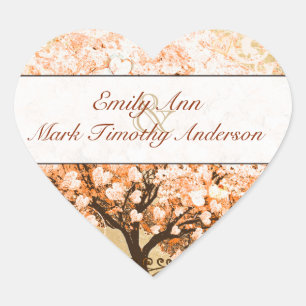 Coral Swirl Heart Leaf Tree Wedding Siegel Herz-Aufkleber
