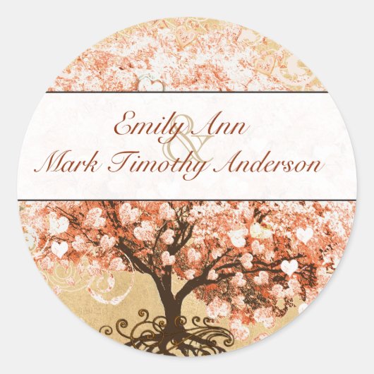 Coral Swirl Heart Leaf Tree Wedding Siegel Runder Aufkleber (Vorderseite)