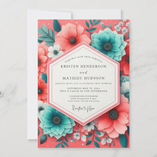 Coral Teal Bloom Romance Wedding Einladung (Vorderseite)