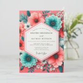 Coral Teal Bloom Romance Wedding Einladung (Stehend Vorderseite)