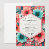 Coral Teal Bloom Romance Wedding Einladung (Vorne/Hinten)