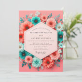 Coral Teal Bloom Whimsy Wedding Einladung (Stehend Vorderseite)