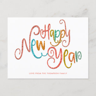 Coral Teal Gold Glitter Happy New Year Decorative Feiertagspostkarte