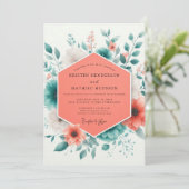 Coral Teal Spring Bloom Wedding Einladung (Stehend Vorderseite)