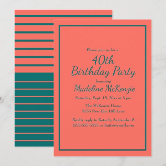 Coral Teal Striped 40th Birthday Party Invite Einladung (Vorne/Hinten)