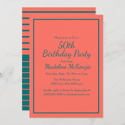 Coral Teal Striped 50th Birthday Party Invite Einladung (Vorne/Hinten)