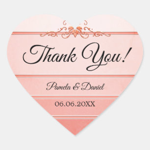Coral Ton sur Ton Stripe Wedding Vielen Dank Stick Herz-Aufkleber
