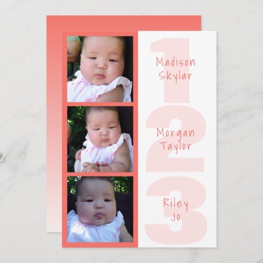 Coral Triplets Einfach 1 2 3 FotoCollage Ankündigung (Vorne/Hinten)